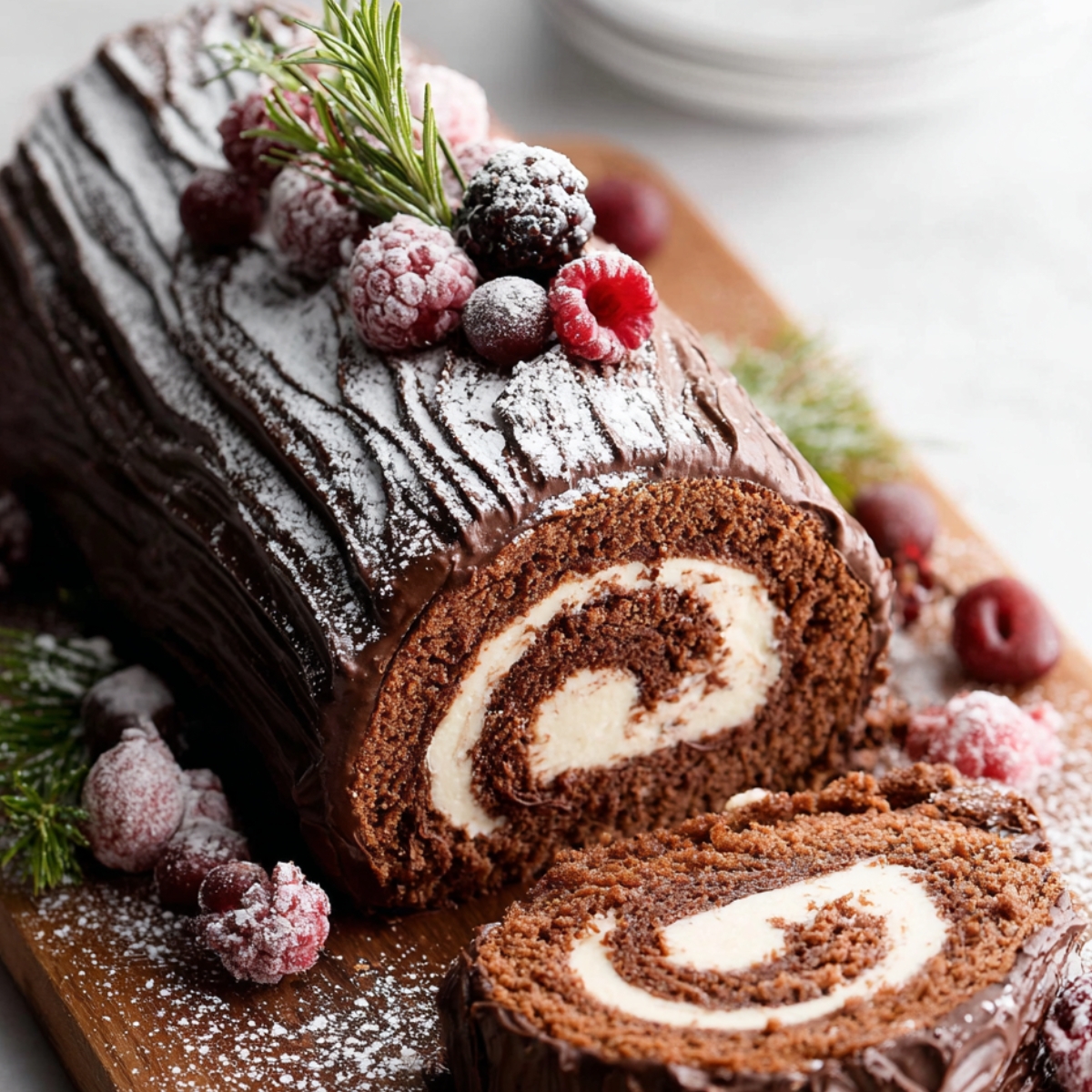 Easy Bûche De Noël Recipe | Christmas Yule Log Cake 9 A beautifully decorated Bûche De Noël, dusted with powdered sugar and topped with frosted berries and rosemary.