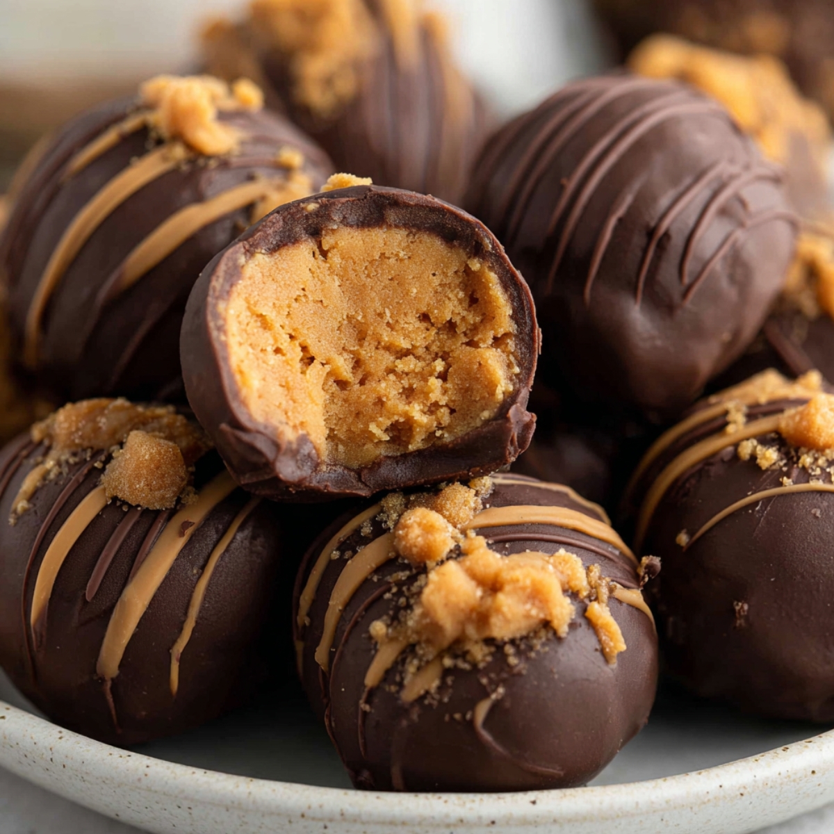 A plate of homemade Butterfinger balls coated in chocolate, with one truffle bitten open to show its creamy peanut butter center.