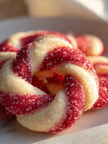 Candy Cane Cookie coated in red and white sugar, piled on a plate in warm sunlight.