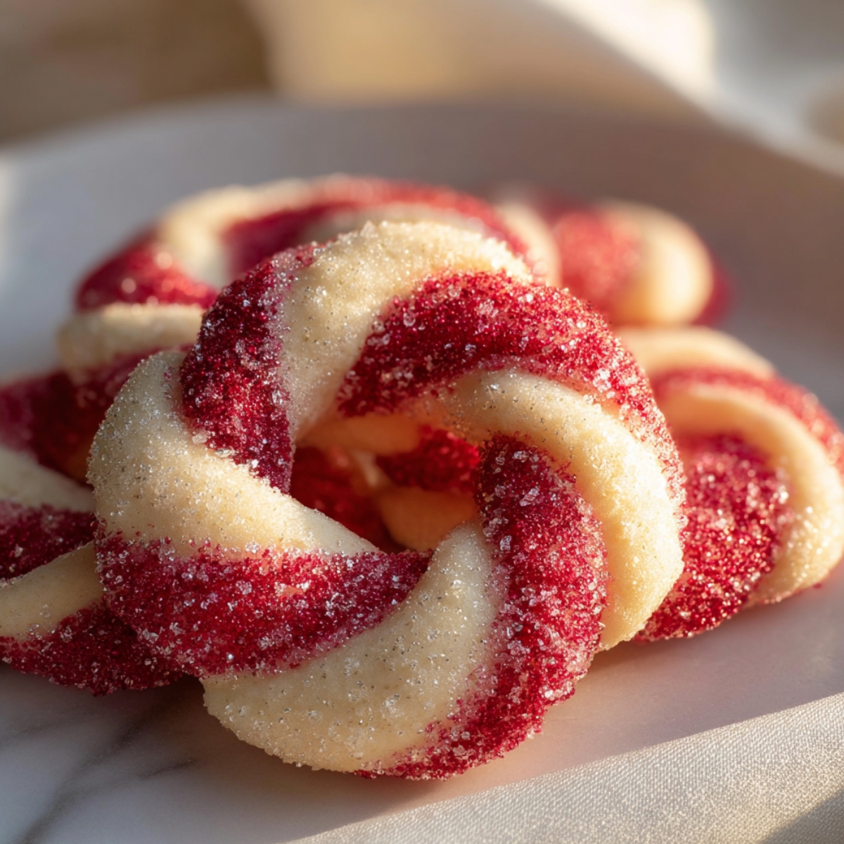Candy Cane Cookie coated in red and white sugar, piled on a plate in warm sunlight.