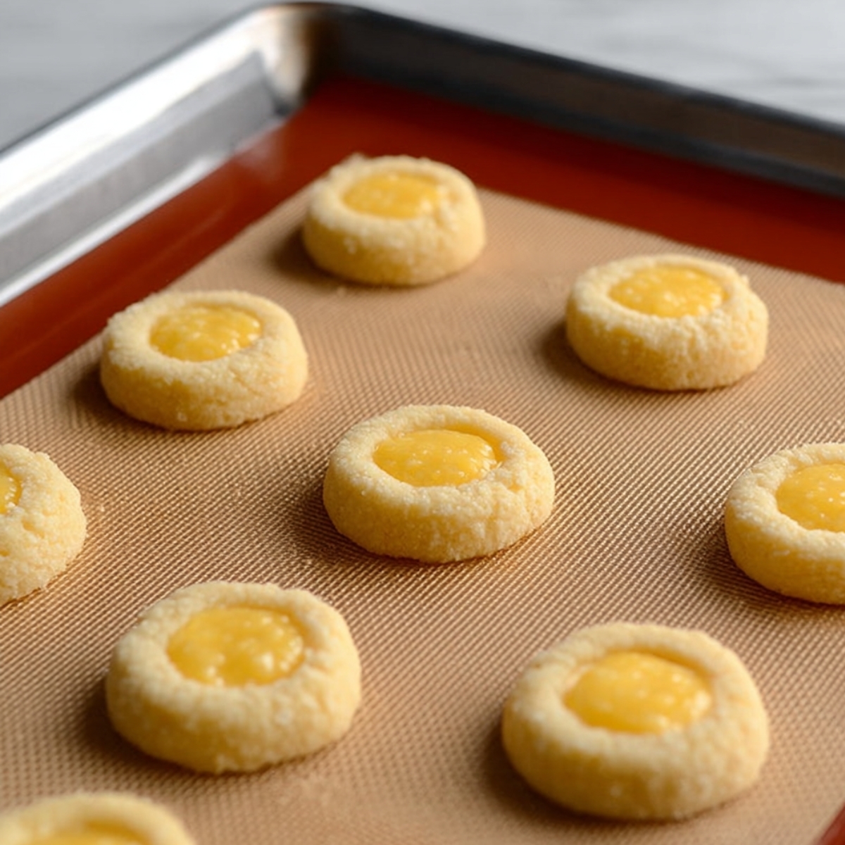 Easy Lemon Thumbprint Cookies | 7 Simple Steps 11 Lemon thumbprint cookies on a baking sheet with lemon curd centers, ready for baking.