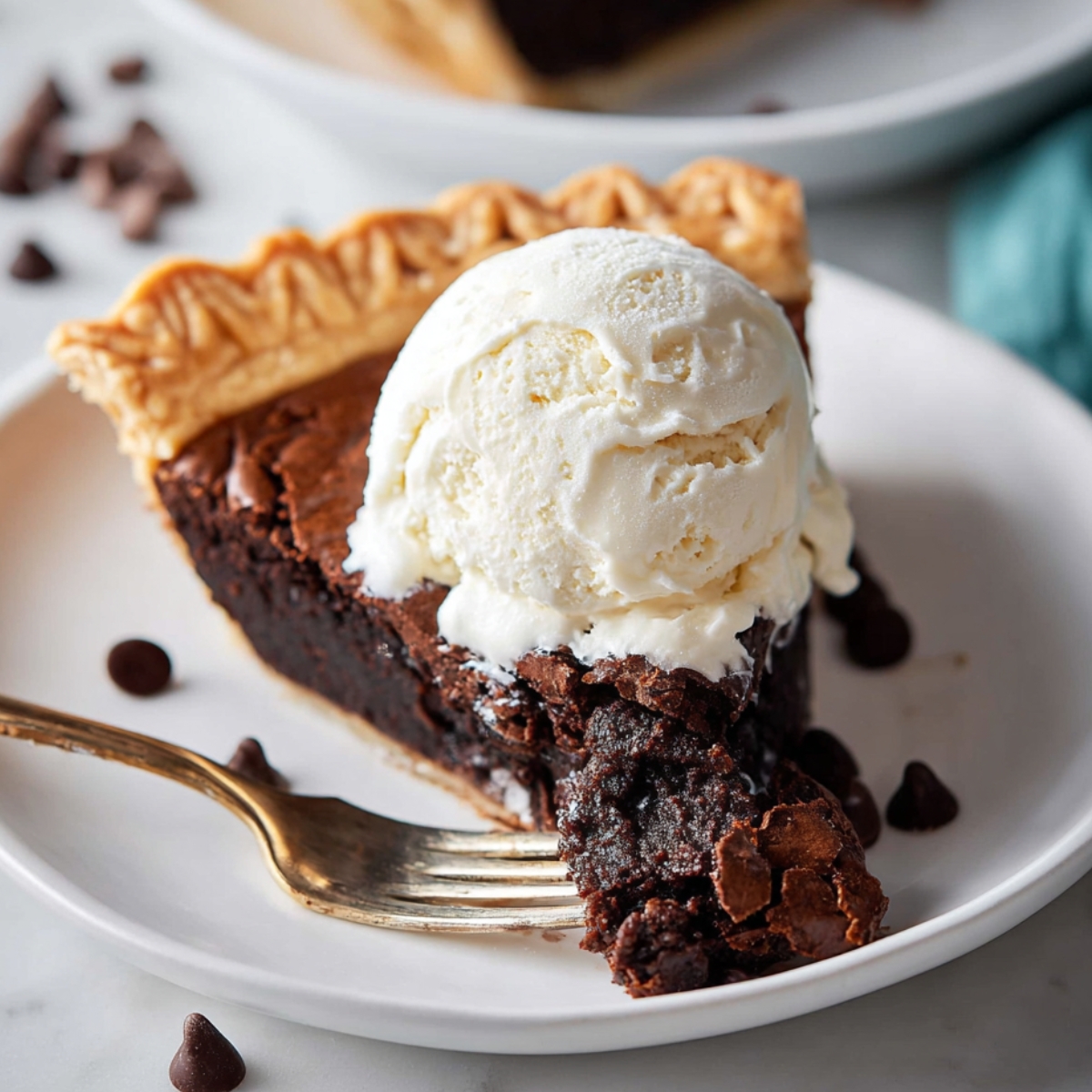 3-Ingredient Chocolate Brownie Pie That's Dangerously Easy! 9 Chocolate brownie pie slice with a scoop of vanilla ice cream.