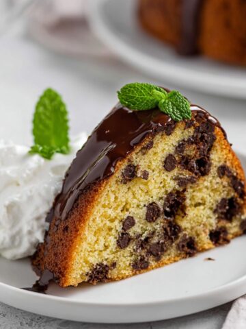 Chocolate Chip Bundt Cake Recipe topped with glossy chocolate ganache, mint leaves, and whipped cream on a plate.