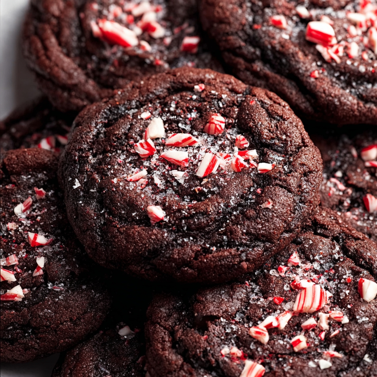 Close-up of homemade chocolate peppermint cookies topped with crushed candy canes.