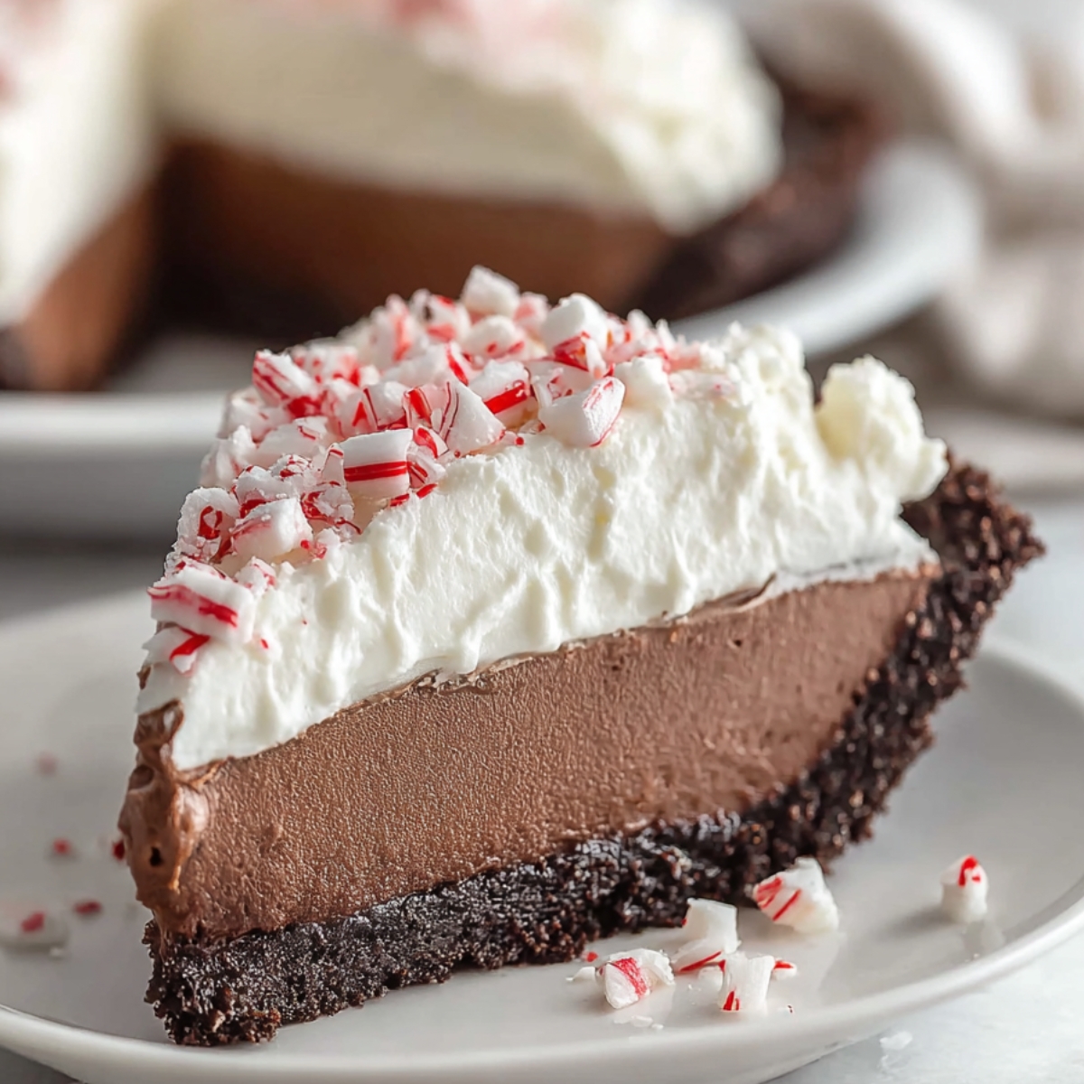 A slice of homemade chocolate peppermint mousse pie with a crumbly chocolate cookie crust, creamy chocolate mousse, fluffy whipped topping, and crushed peppermint pieces, served on a white plate.