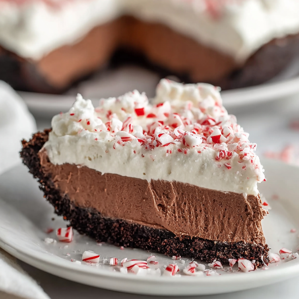 A slice of homemade chocolate peppermint mousse pie with a dark cookie crust, creamy chocolate filling, fluffy whipped topping, and crushed peppermint pieces, served on a white plate.