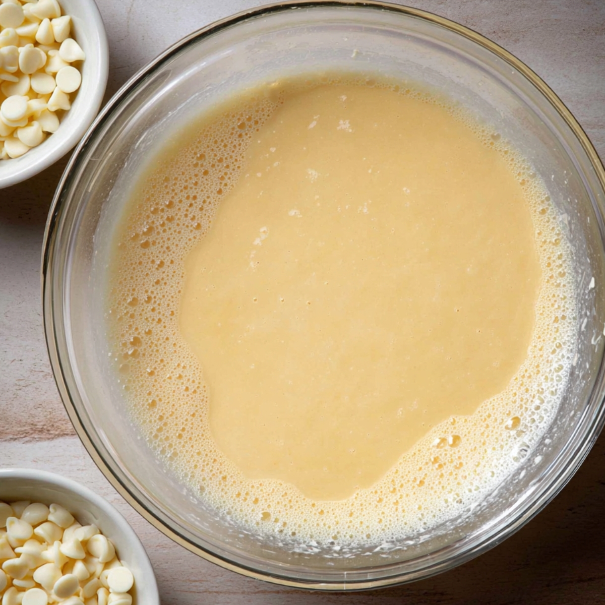 White Chocolate Brownies Recipe | Fudgy & Easy 11 Pour the melted white chocolate and butter into the egg mixture. Whisk gently until everything blends together and looks glossy.