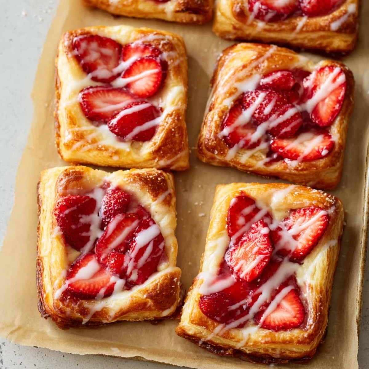 Let the danishes cool on the baking sheet for 5 minutes, then transfer them to a cooling rack. Top with warm strawberry jam or drizzle with vanilla glaze made from powdered sugar, milk, and vanilla extract.