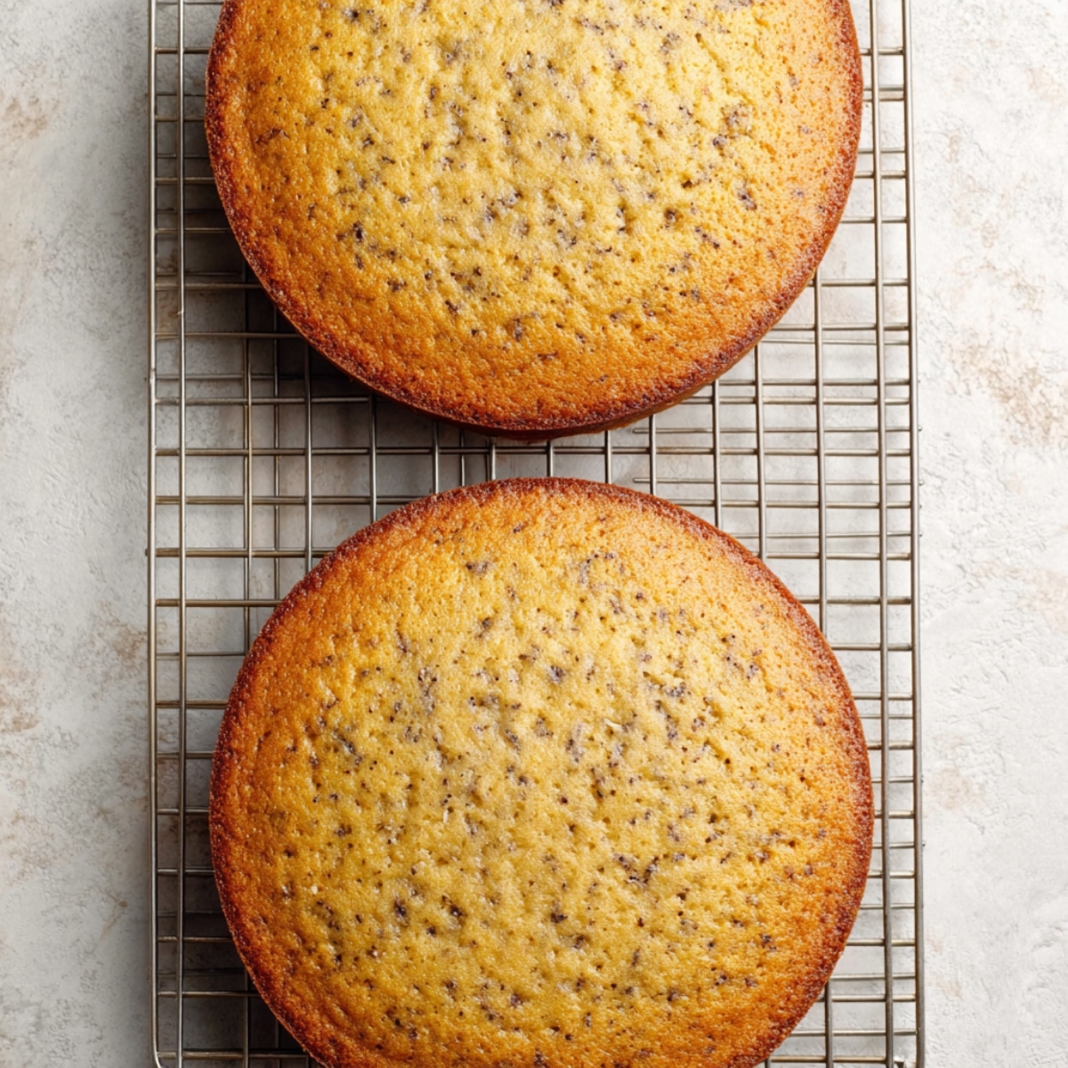 Let the cakes cool in their pans on a wire rack for about 7-10 minutes, then carefully turn them out and let them cool completely on the rack. This usually takes about an hour. Don't try to frost warm cakes or your buttercream will melt.