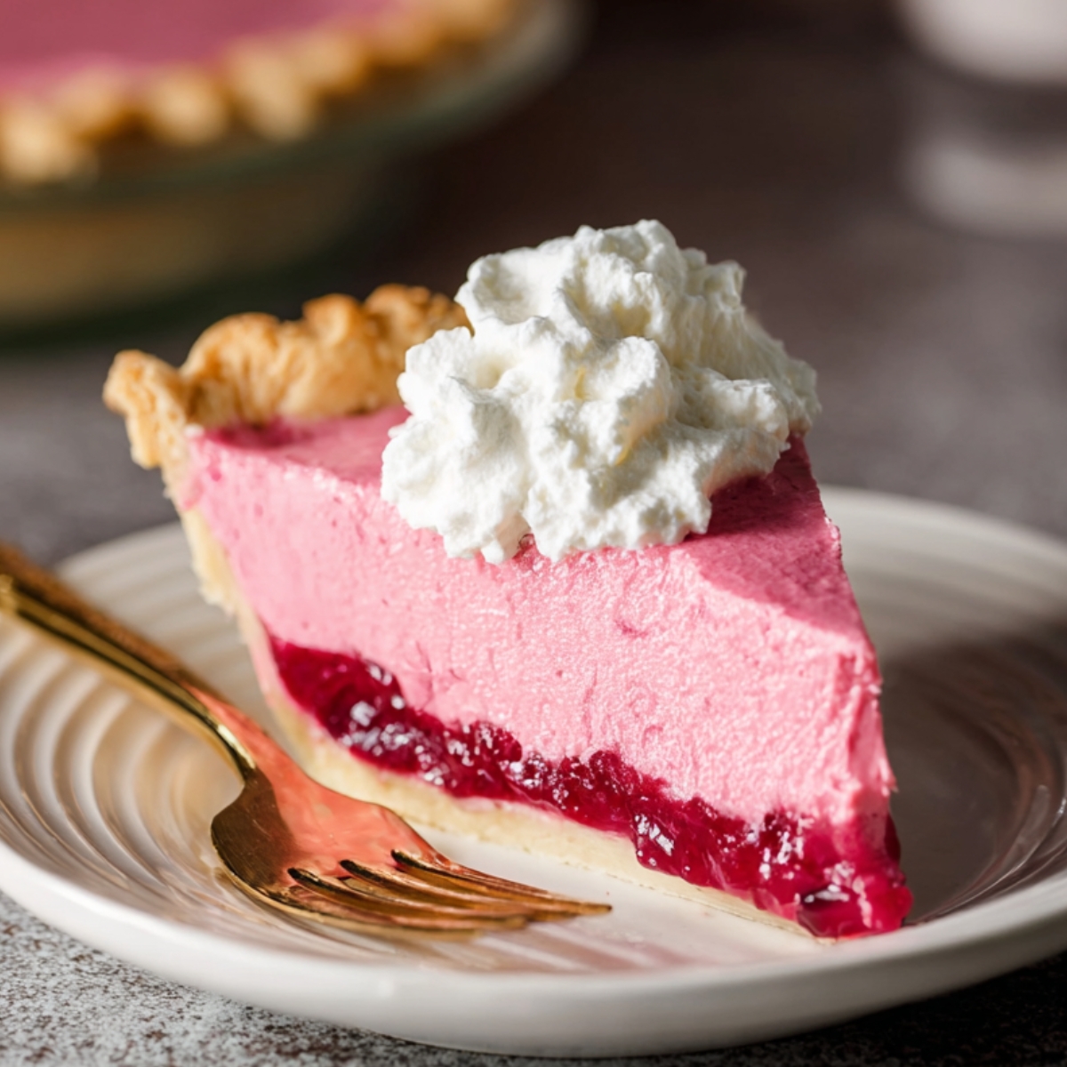 Best Cranberry Custard Pie Recipe | Holiday Dessert Guide 9 A slice of cranberry custard pie with a layer of whipped cream on top, showing the vibrant pink filling and cranberry layer.