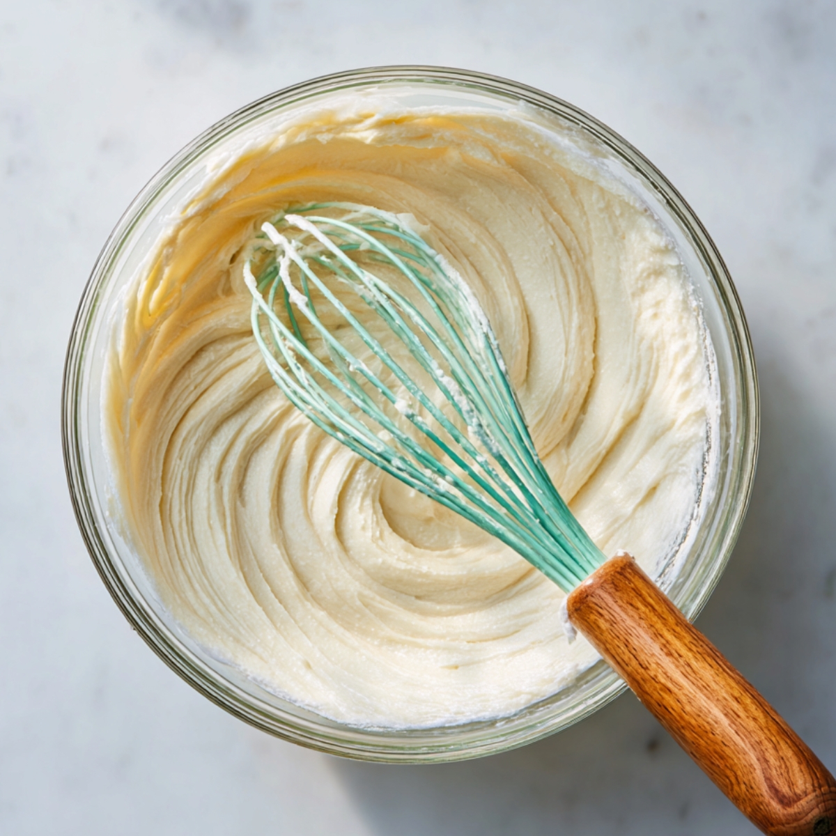 A glass bowl filled with creamy homemade frosting being mixed with a whisk that has a wooden handle and a mint-green head.