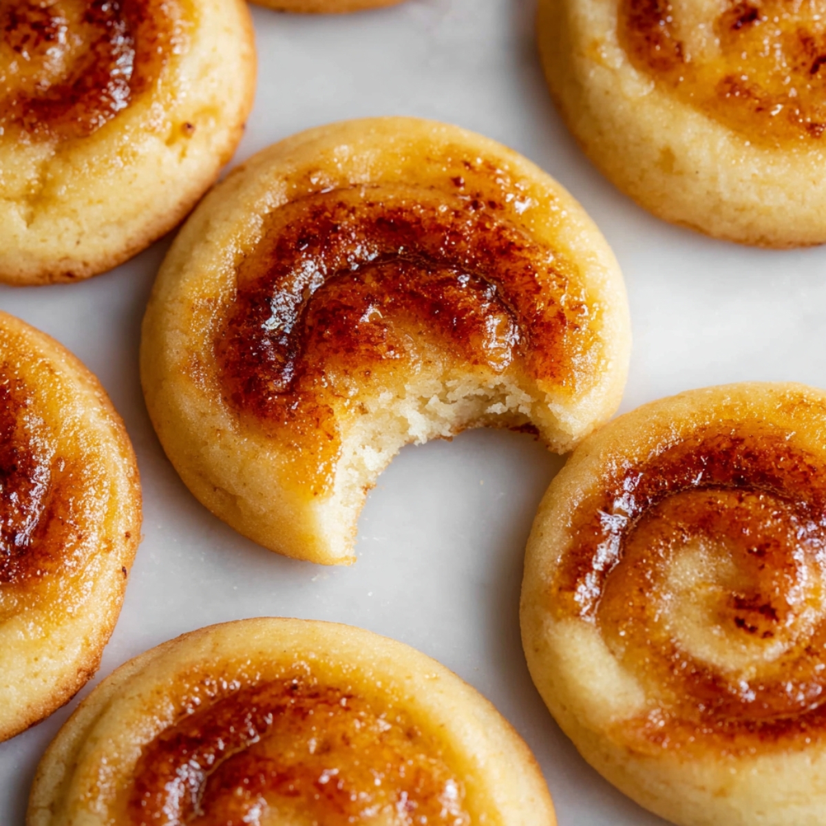 Easy Creme Brûlée Cookies | Better Than the Dessert! 14 A close-up of golden-brown Creme Brûlée Cookies with a shiny caramelized swirl, one with a bite taken out.
