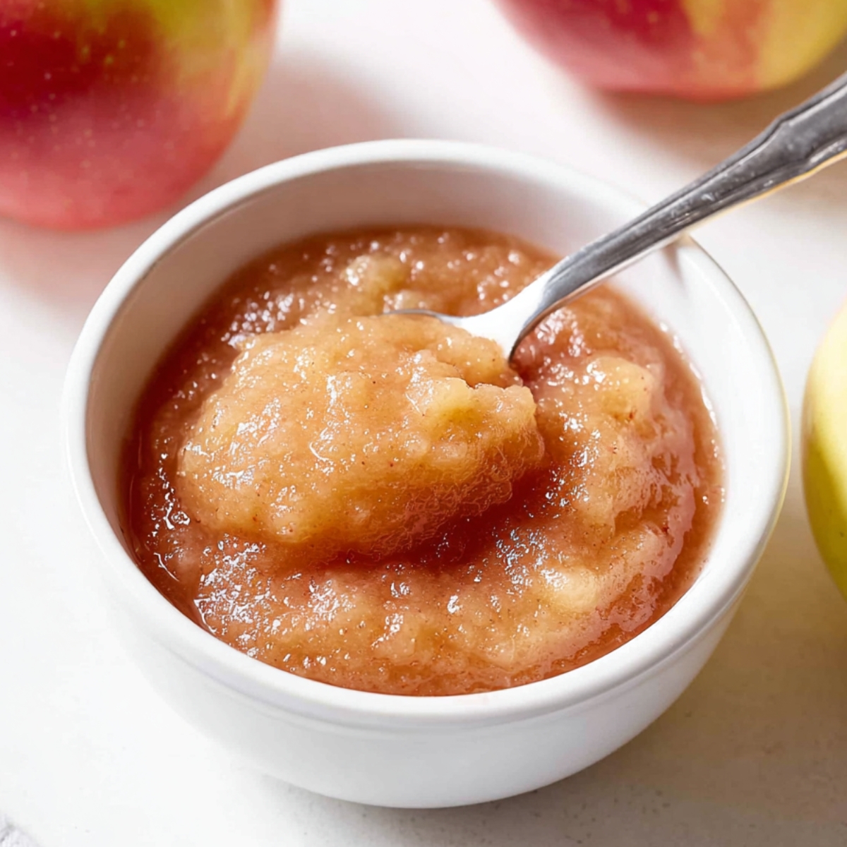 Bowl of homemade crockpot applesauce with a spoon lifting a chunky scoop, surrounded by fresh apples on a bright kitchen surface.