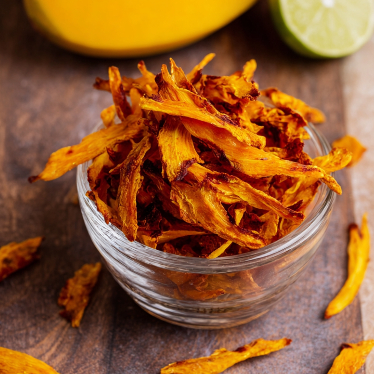 Bowl of homemade dehydrated mango slices on a marble countertop, with a halved lime in the background.
