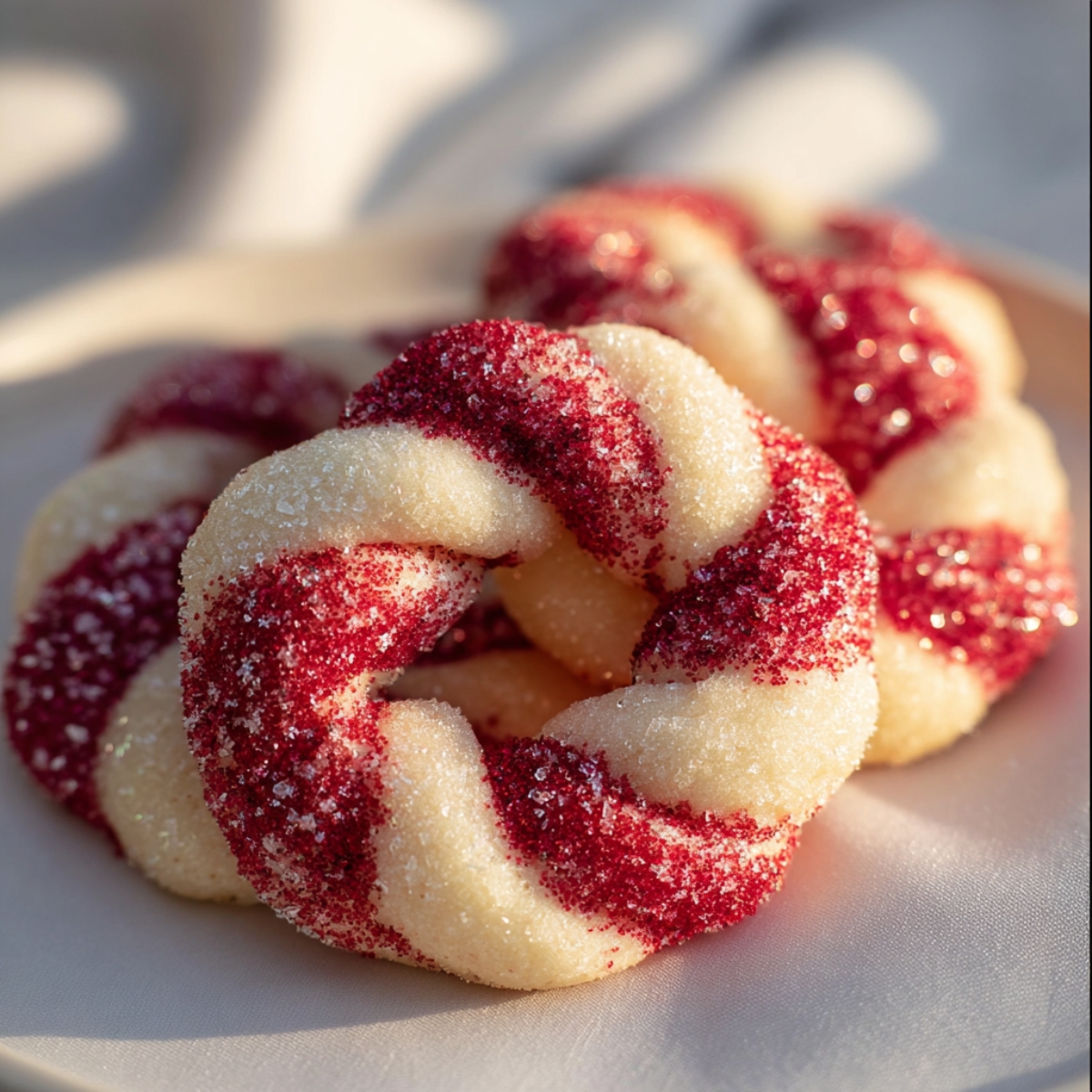 Easy Candy Cane Cookie Recipe coated in red and white sugar, arranged on a plate in soft natural light.