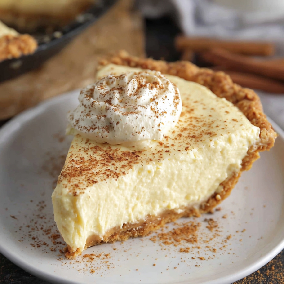 A slice of homemade eggnog pie with a graham cracker crust, topped with a whipped cream swirl and a sprinkle of cinnamon, served on a rustic white plate.