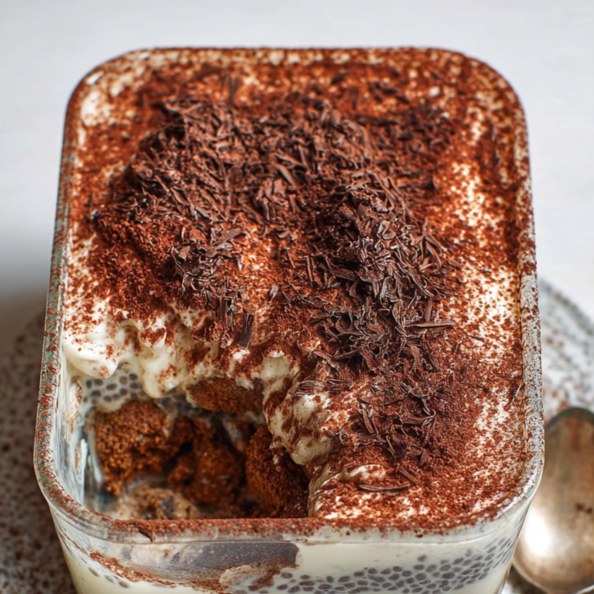 Close-up of homemade tiramisu chia pudding with cocoa-dusted top, featuring round cocoa-covered spheres and creamy layered pudding inside.