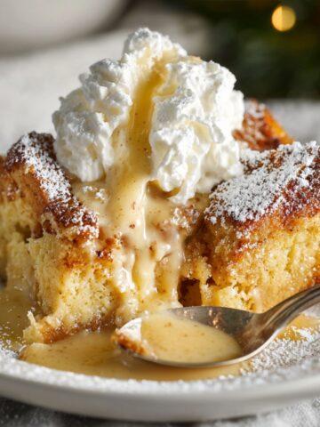 Best Eggnog Bread Pudding Recipe 4 Eggnog Bread Pudding with whipped cream and warm vanilla sauce on a white plate.