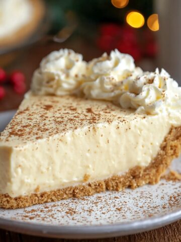 Eggnog Pie with a graham cracker crust, creamy filling, whipped cream swirls, and a dusting of cinnamon, set against a soft, festive background with holiday lights.