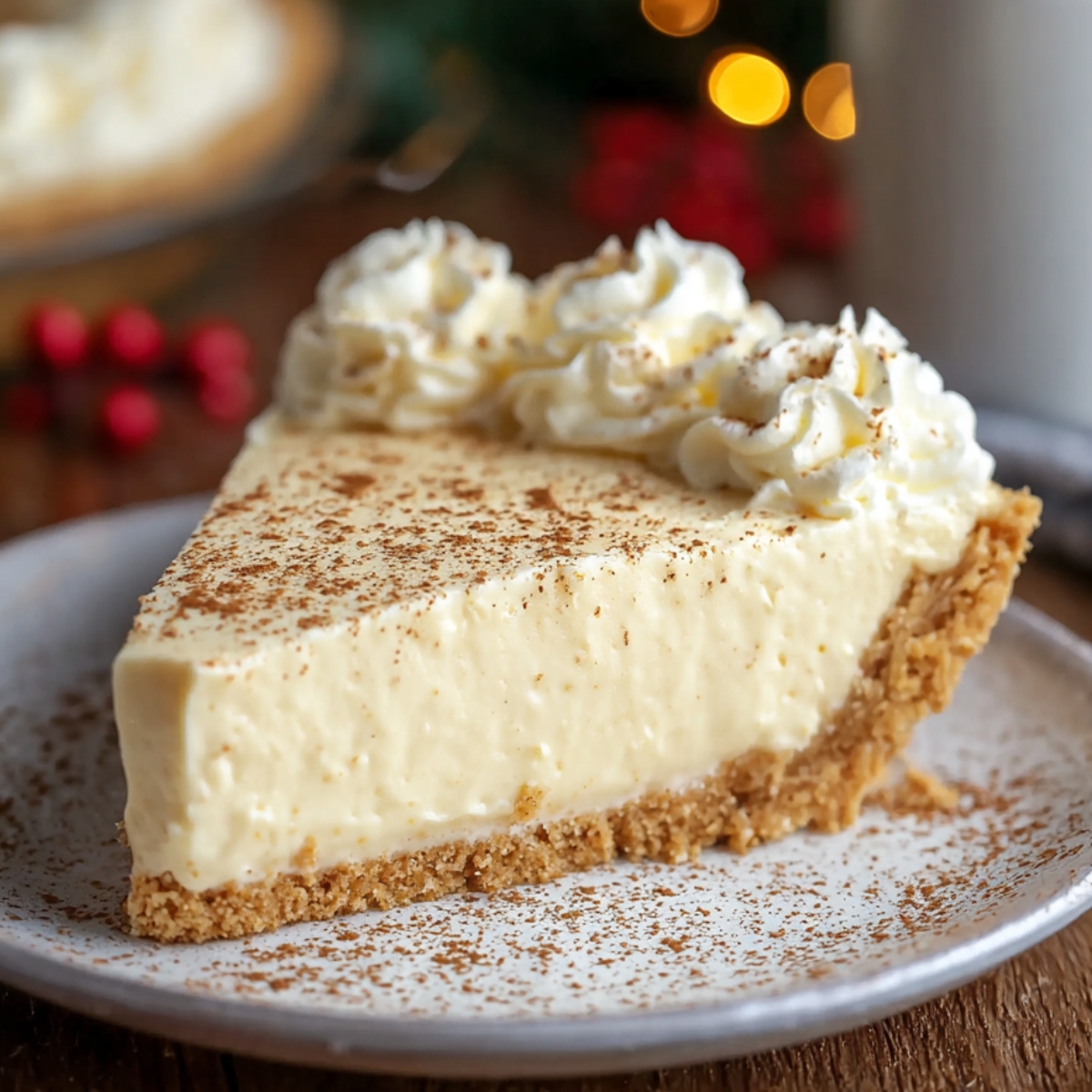 Eggnog Pie with a graham cracker crust, creamy filling, whipped cream swirls, and a dusting of cinnamon, set against a soft, festive background with holiday lights.