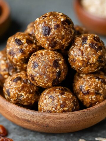 A bowl filled with homemade energy bites, perfectly shaped into small, round balls with a mixture of oats and chocolate chips. The energy bites appear homemade and rustic, with a natural texture and slight imperfections, surrounded by ingredients like oats and dried fruits.
