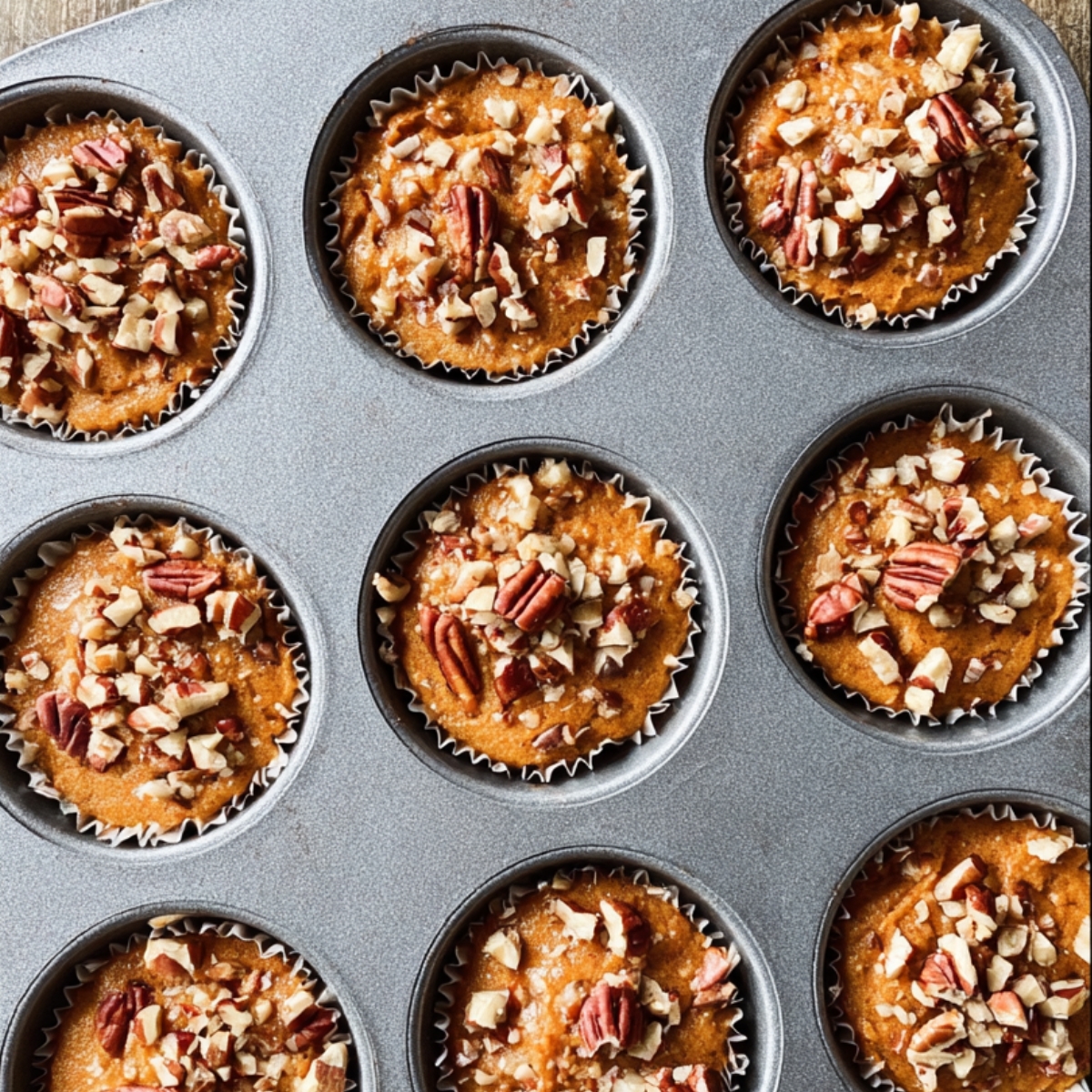 Use a spoon or ice cream scoop to divide the batter among the muffin cups, filling each one about ¾ full. If you're using pecan chips, sprinkle about 1 ½ teaspoons on top of each muffin.