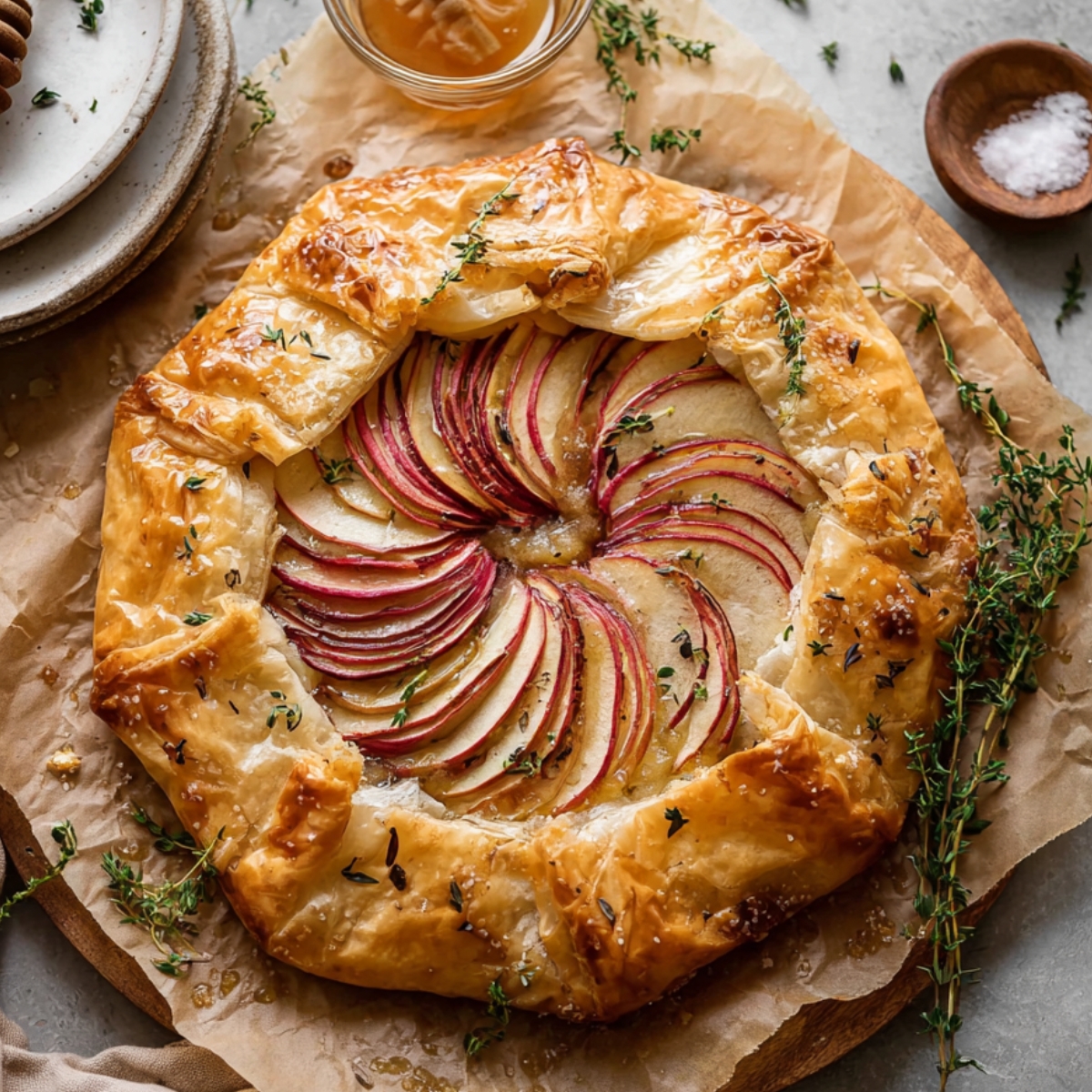 7-Step Guide to Make an Apple Brie Phyllo Galette 13 Drizzle honey generously over the top, sprinkle with flaky sea salt and a few extra thyme leaves if you like, then slice and serve warm. The honey soaks into the apples and adds this gorgeous shine.