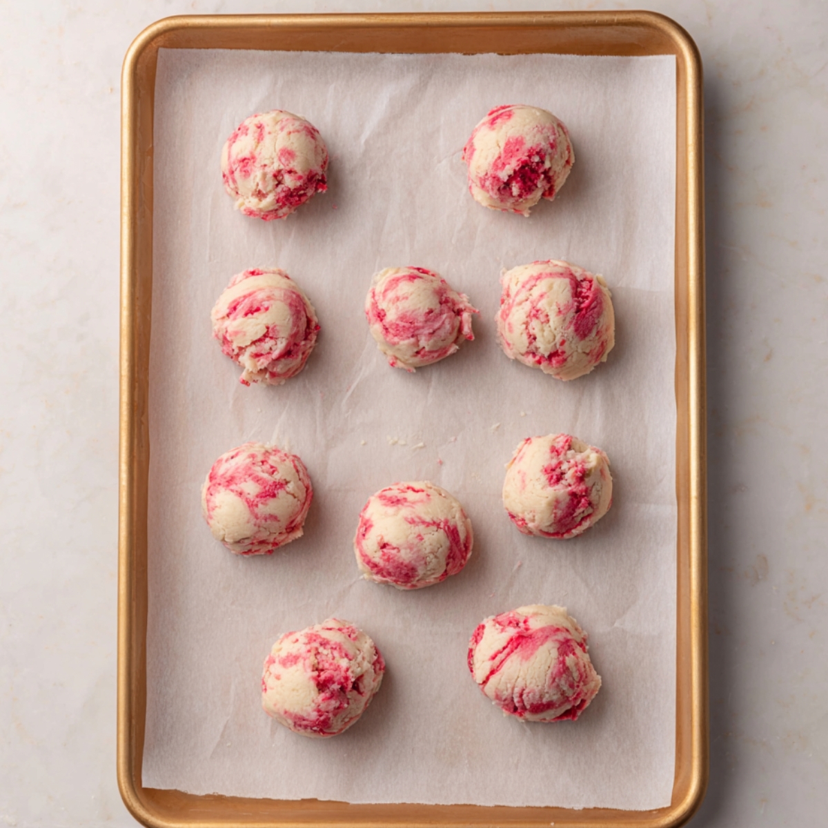 Use a medium cookie scoop (about 2 tablespoons) to portion out the dough onto your prepared baking sheet. Leave about 2 inches between each scoop since they'll spread a bit as they bake.