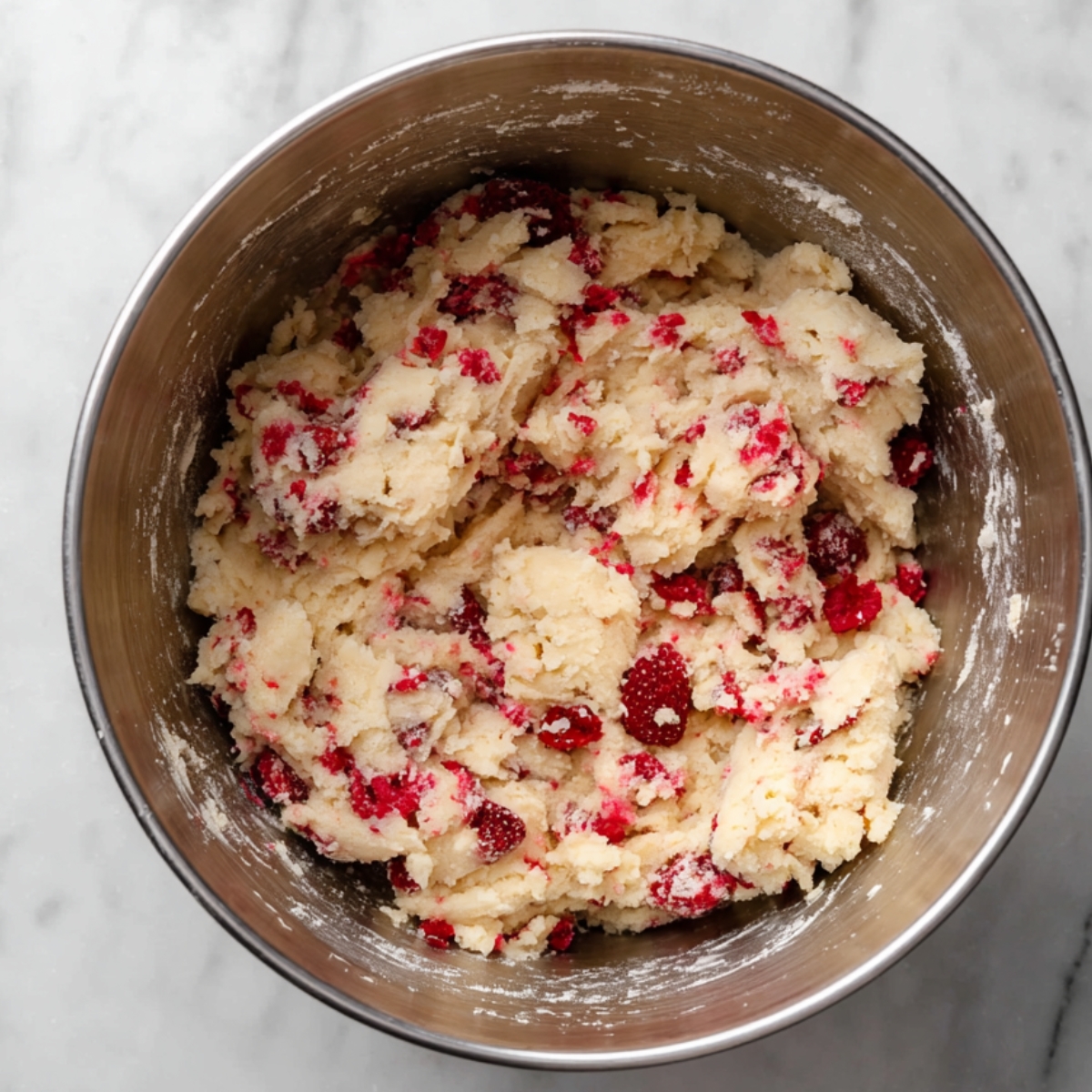 Using a rubber spatula, gently stir the frozen raspberries into the dough. Work carefully so you don't break them up too much. You want them distributed evenly throughout.