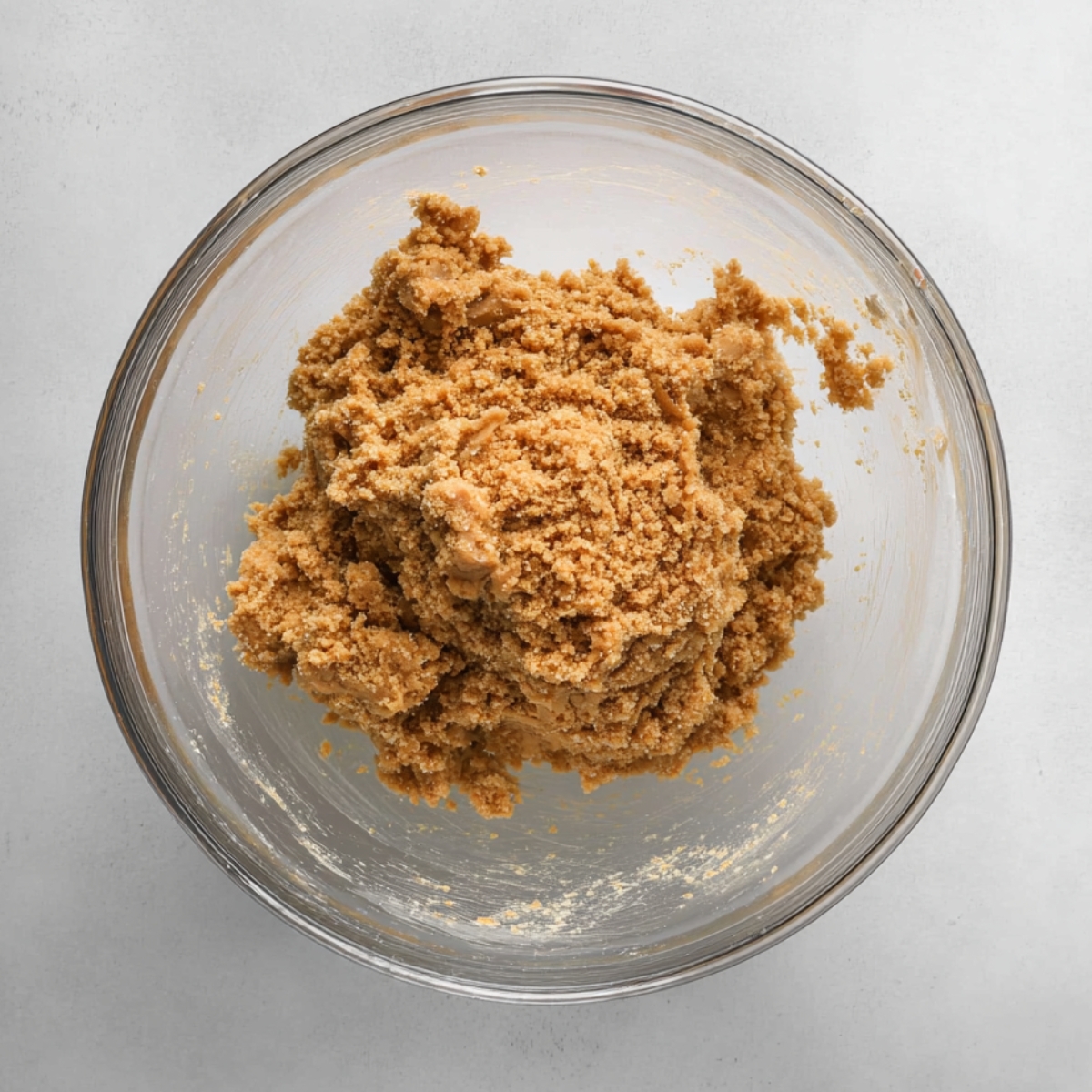 A glass mixing bowl filled with a crumbly peanut butter and graham cracker mixture for homemade Butterfinger balls.