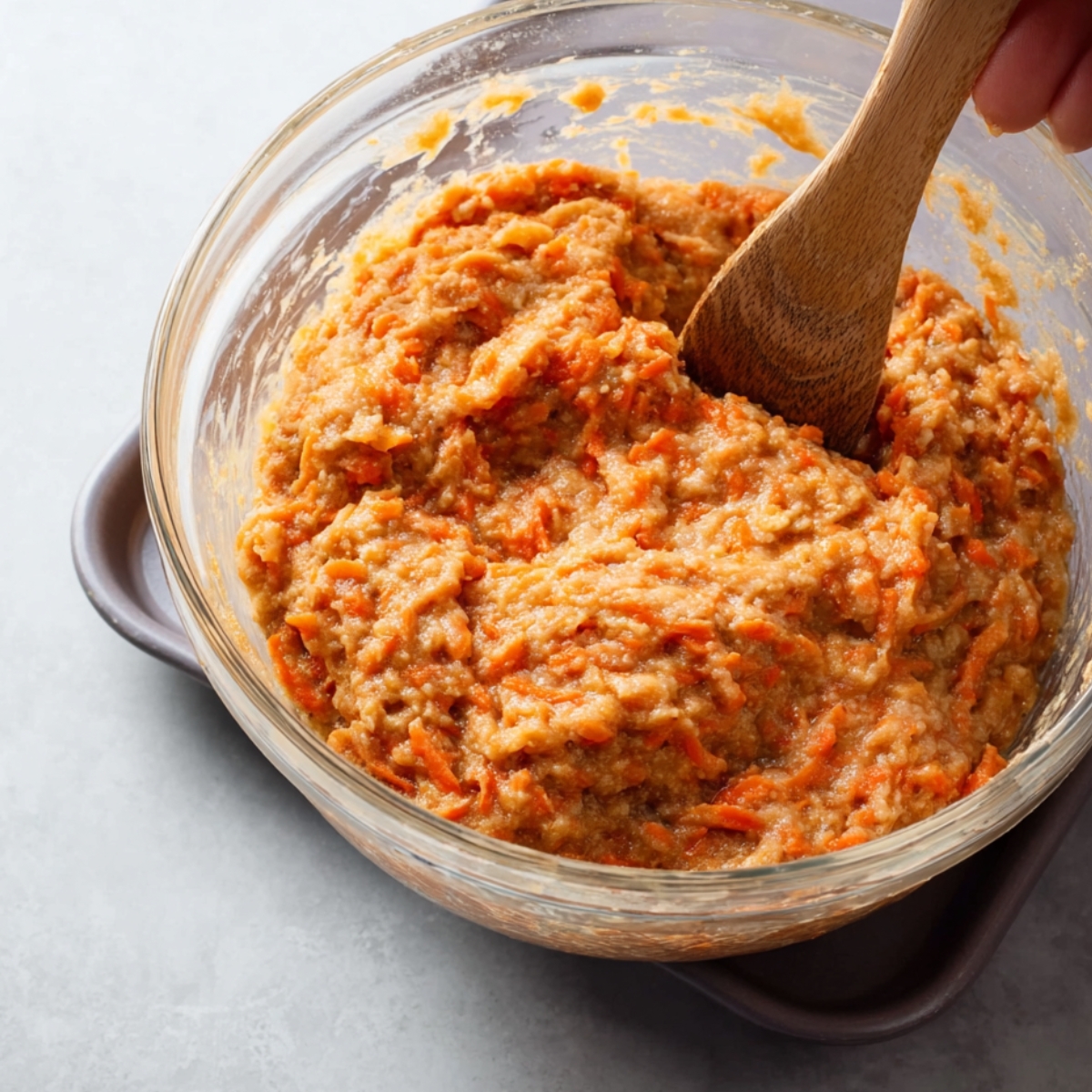 Add the shredded carrot and mashed bananas to the batter and fold them in gently until everything is evenly distributed. Be careful not to overmix, or the muffins can turn out tough.