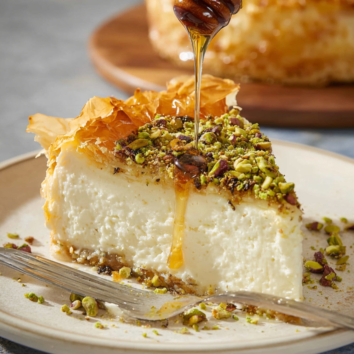 Easy Baklava Cheesecake Recipe (No Water Bath Required) 13 Homemade Baklava Cheesecake with honey being drizzled on top, garnished with pistachios and a crispy filo pastry crust.
