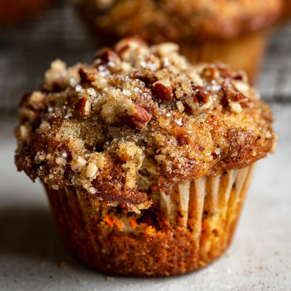 Homemade Banana Carrot Muffins with a golden, crunchy topping of pecans and sugar.