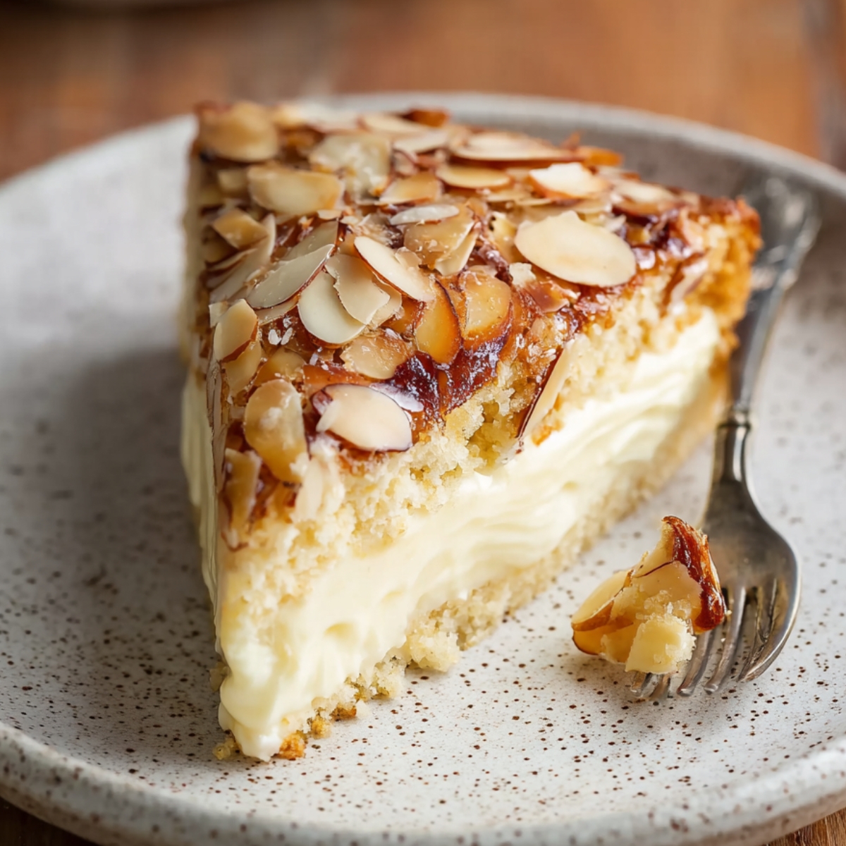Homemade Bee Sting Cake with creamy filling and caramelized sliced almonds sits on a speckled plate beside a fork.