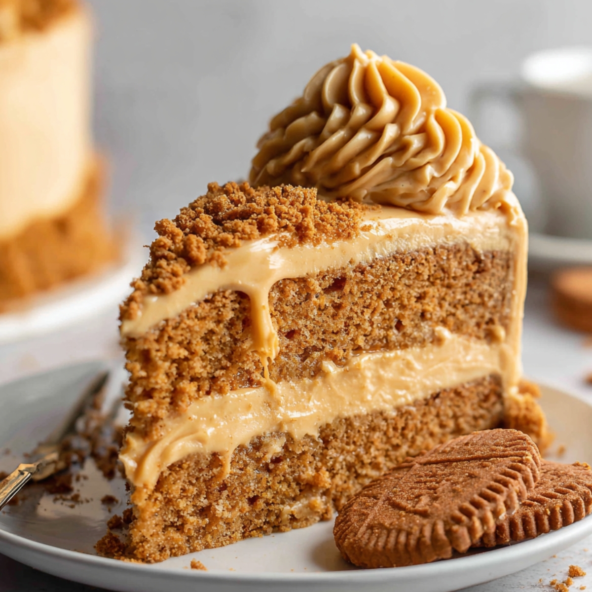 Homemade Biscoff Cookie Butter Cake topped with frosting and cookie crumbs, served with Biscoff cookies on the side.