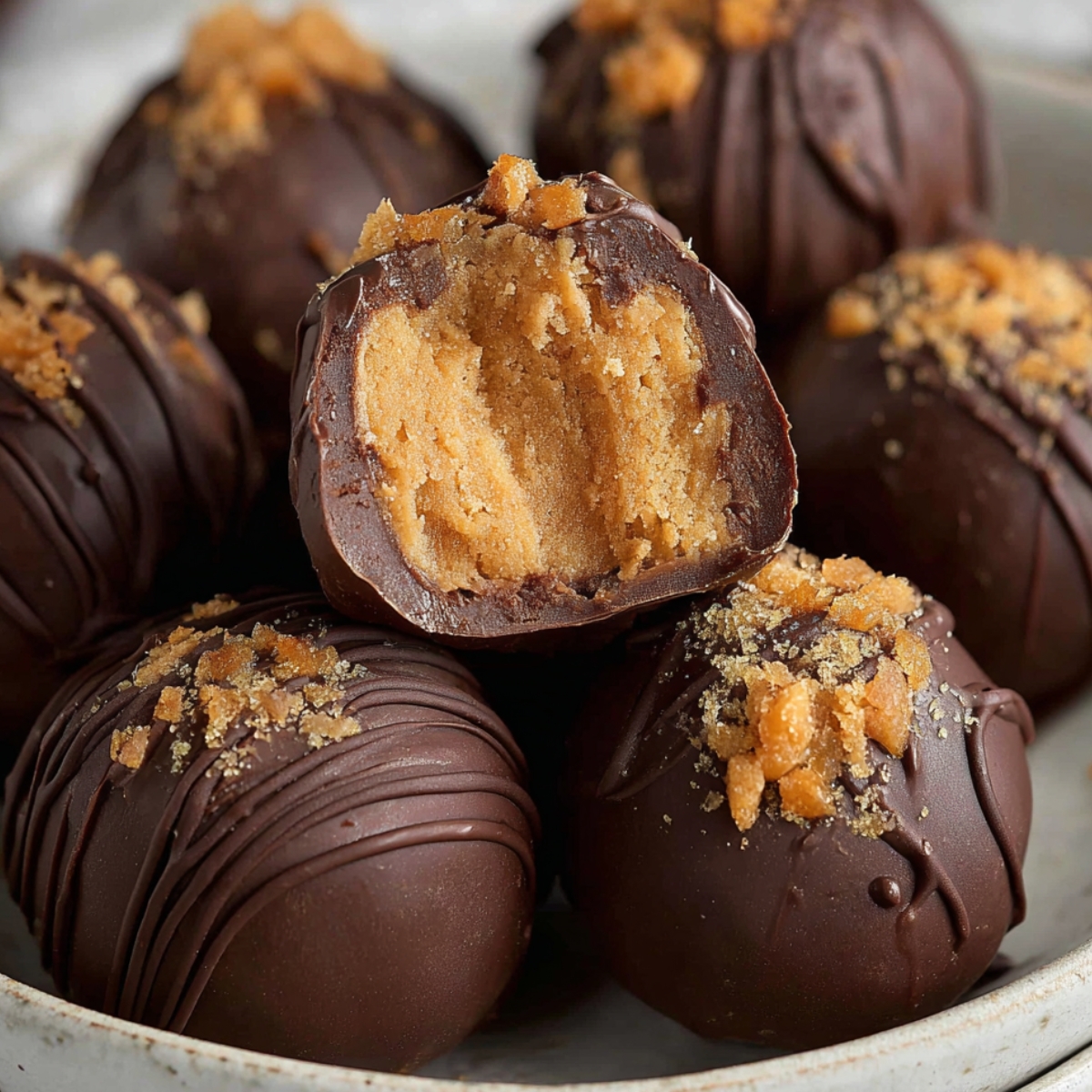 Homemade Butterfinger Balls topped with crushed candy, with one truffle bitten open to show its soft peanut butter filling.