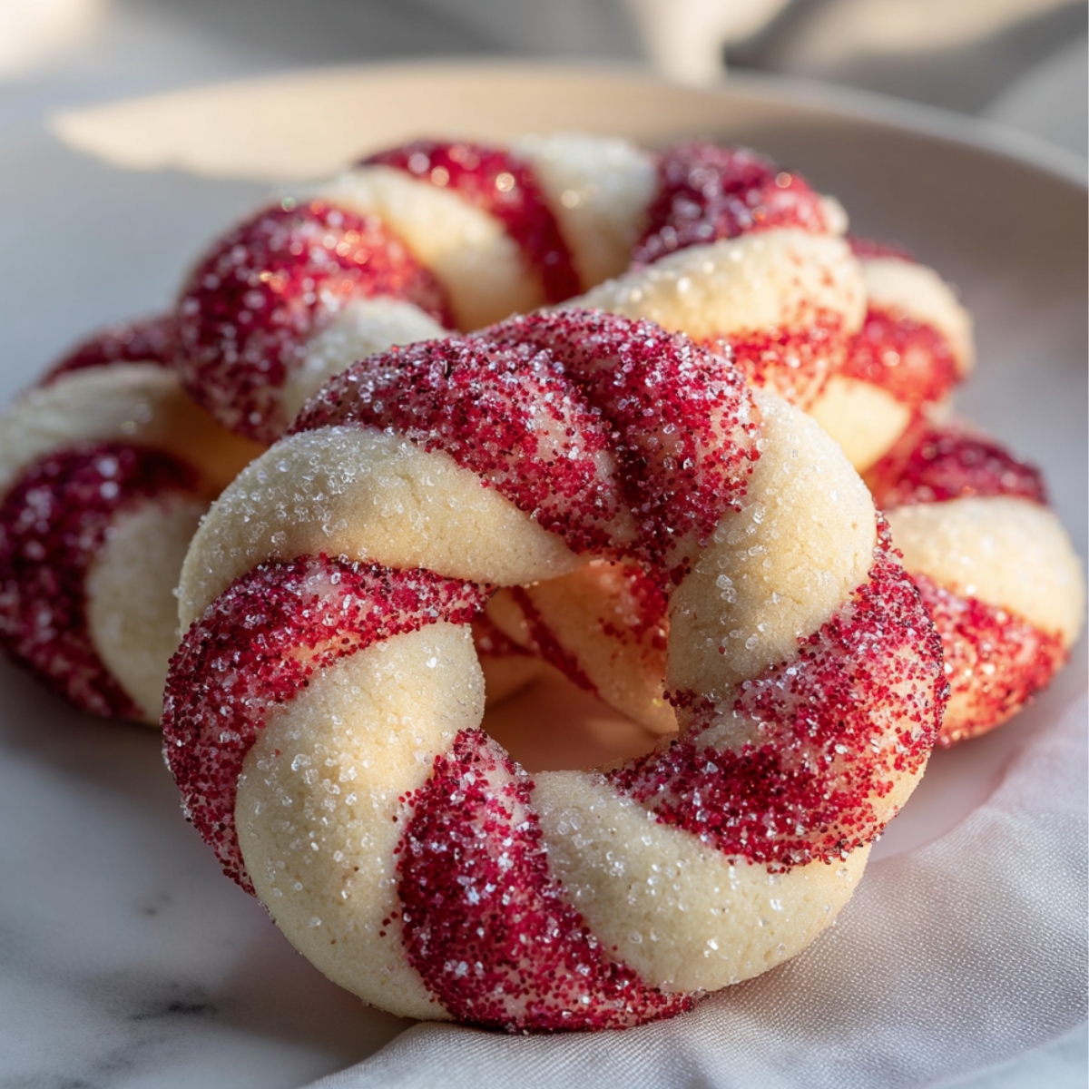 Homemade Candy Cane Cookie coated in red and white sugar, piled on a plate in warm sunlight.
