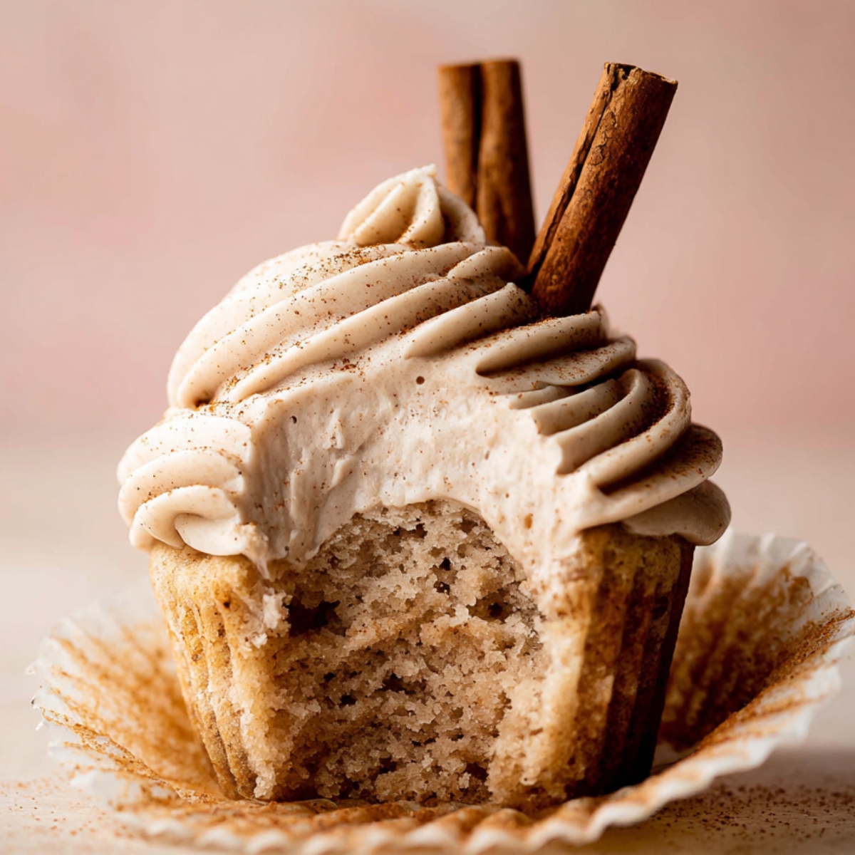 Chai Latte Cupcakes Recipe | Easy Spiced Cupcakes 9 Homemade Chai Latte Cupcakes with swirled cinnamon buttercream and two cinnamon sticks on top, with a bite taken out to reveal the spiced interior.