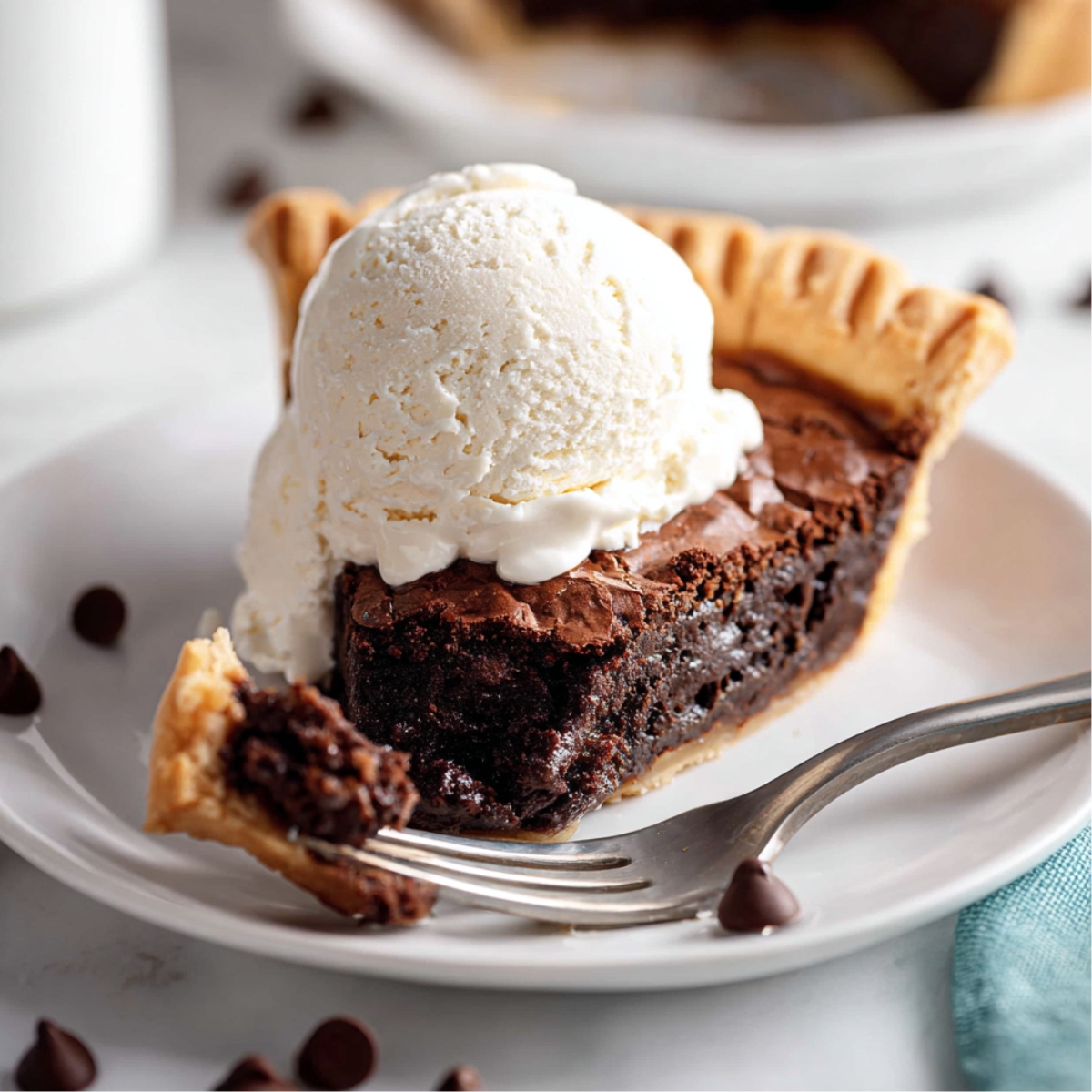 3-Ingredient Chocolate Brownie Pie That's Dangerously Easy! 13 Homemade Chocolate Brownie Pie topped with vanilla ice cream on a plate.