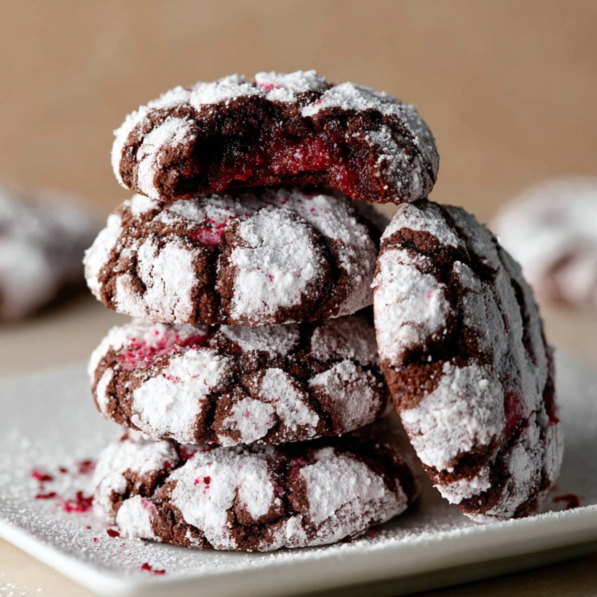 Homemade Chocolate Raspberry Crinkle Cookies dusted with powdered sugar, with one cookie bitten into, revealing a red raspberry filling.