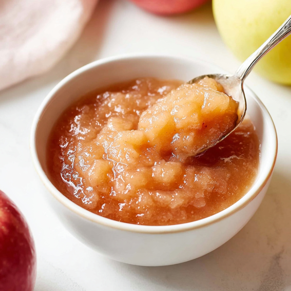 Bowl of homemade crockpot applesauce with a spoon lifting a chunky scoop, surrounded by fresh apples on a bright kitchen counter.
