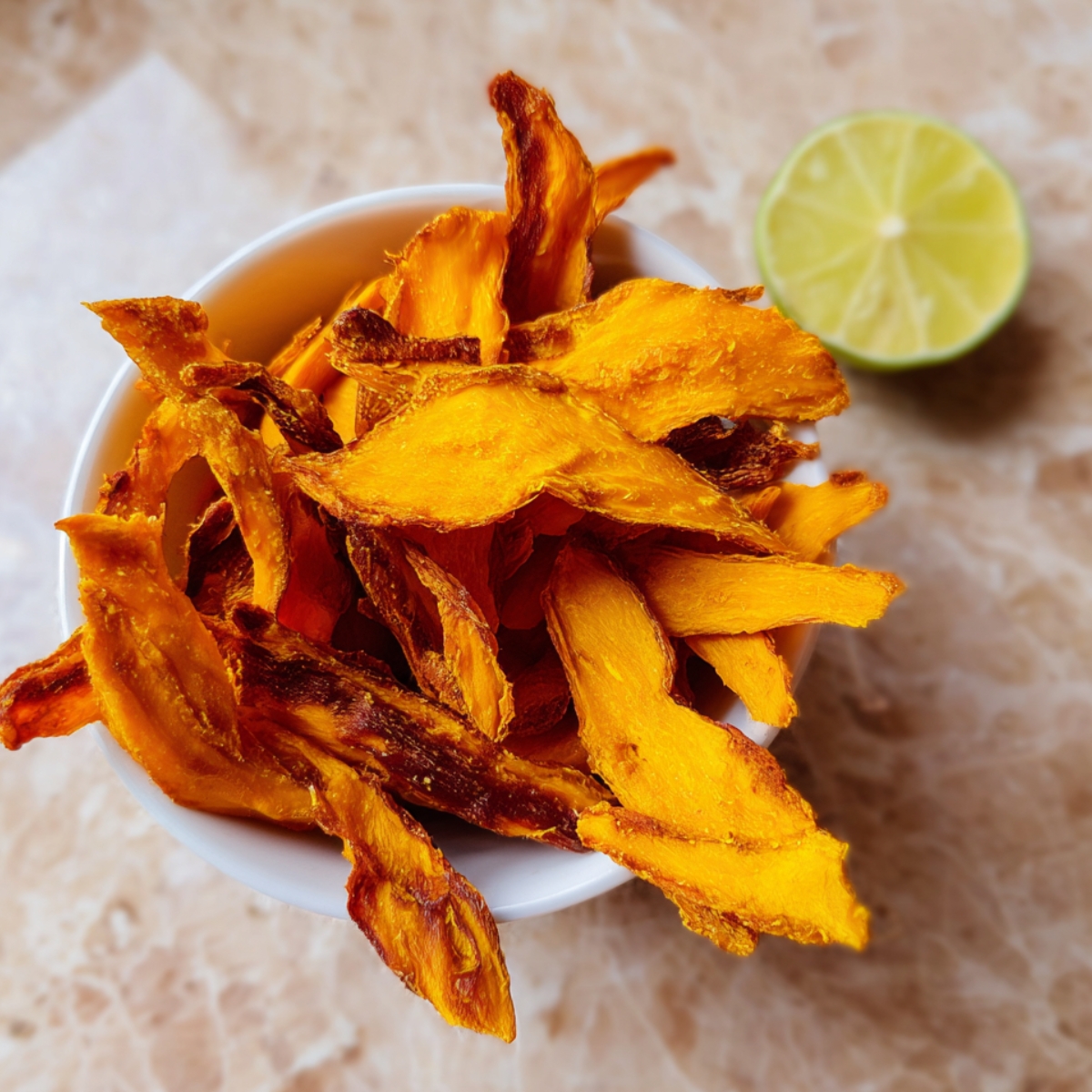 Easy Dehydrate Mango Recipe 13 Homemade dehydrated mango strips in a small glass bowl on a wooden surface, with a fresh mango and a lime half in the background.