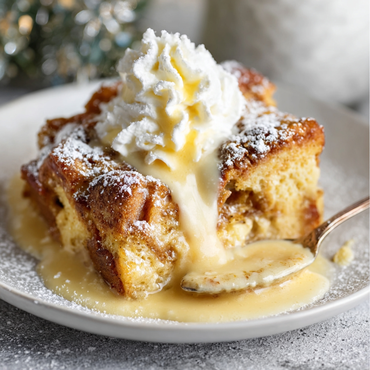 Best Eggnog Bread Pudding Recipe 13 Homemade eggnog bread pudding topped with whipped cream and warm vanilla sauce on a white plate.
