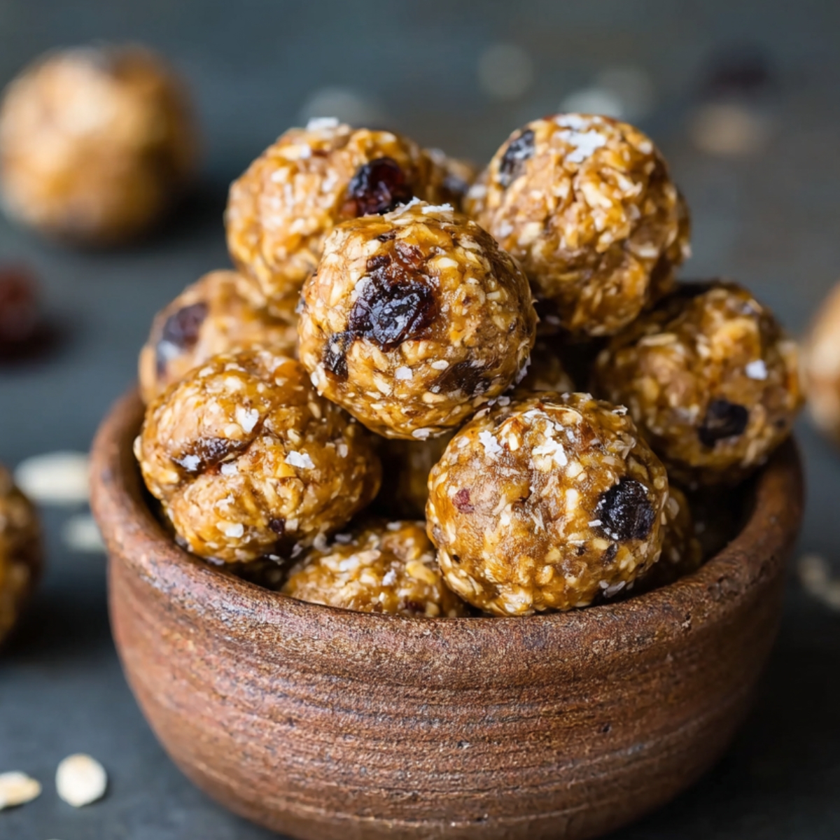 A rustic clay bowl filled with homemade energy bites, each round ball made from oats, honey, chocolate chips, and dried fruit, lightly coated with a sprinkle of sea salt on top. The energy bites have a natural, slightly uneven texture, and the scene has a warm, homemade feel with some scattered oats in the background.
