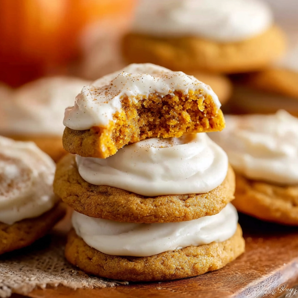 Homemade Frosted Pumpkin Cookies topped with creamy icing, with one cookie broken in half to show its soft pumpkin center.