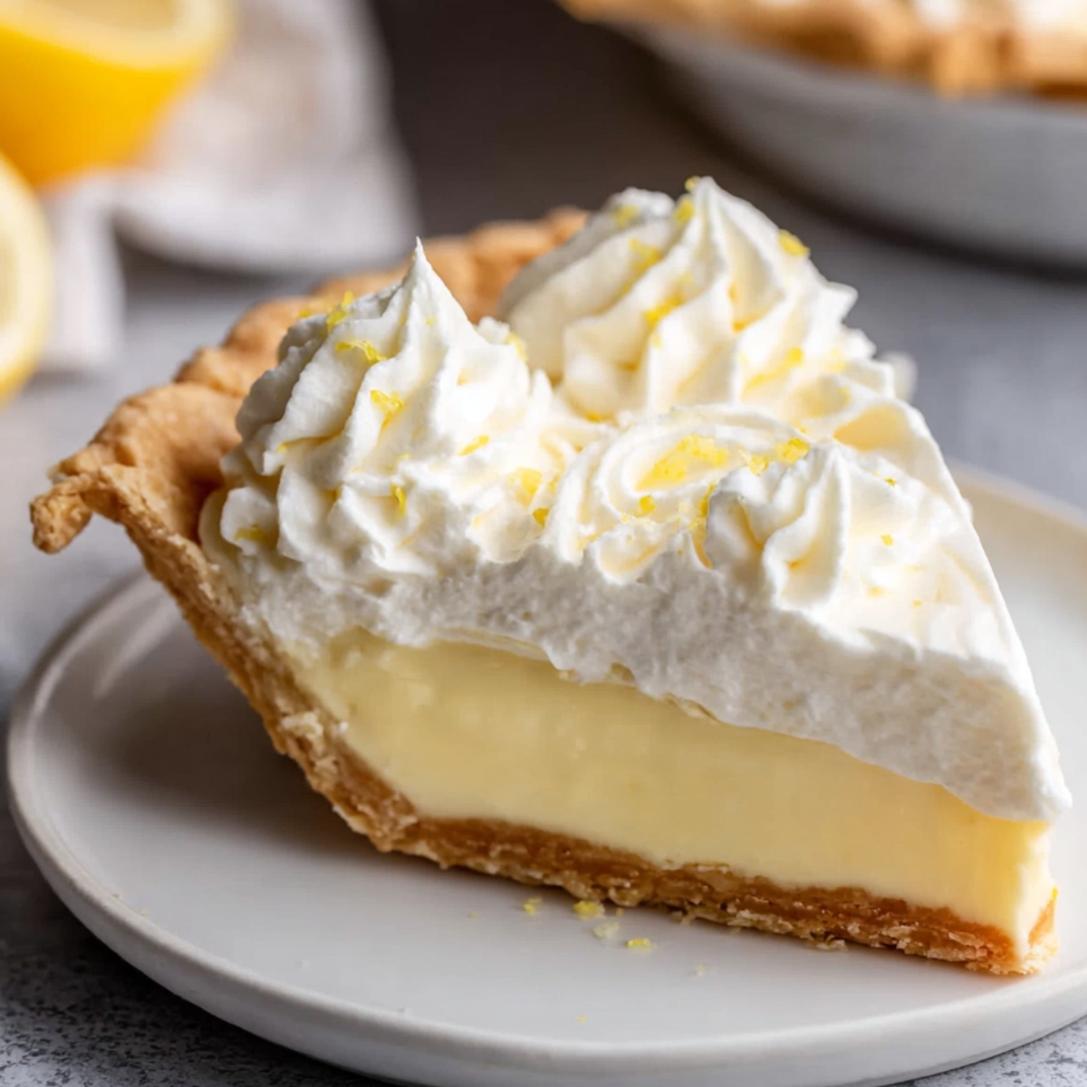 Homemade Lemon Cream Pie topped with whipped cream and lemon zest.