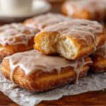 Homemade Maple Donut Bars stacked on crinkled parchment paper, with one showing a fluffy bite taken out.