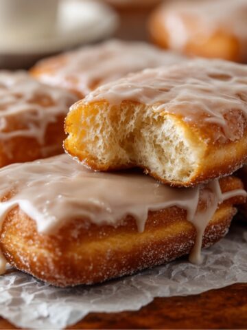 Homemade Maple Donut Bars stacked on crinkled parchment paper, with one showing a fluffy bite taken out.