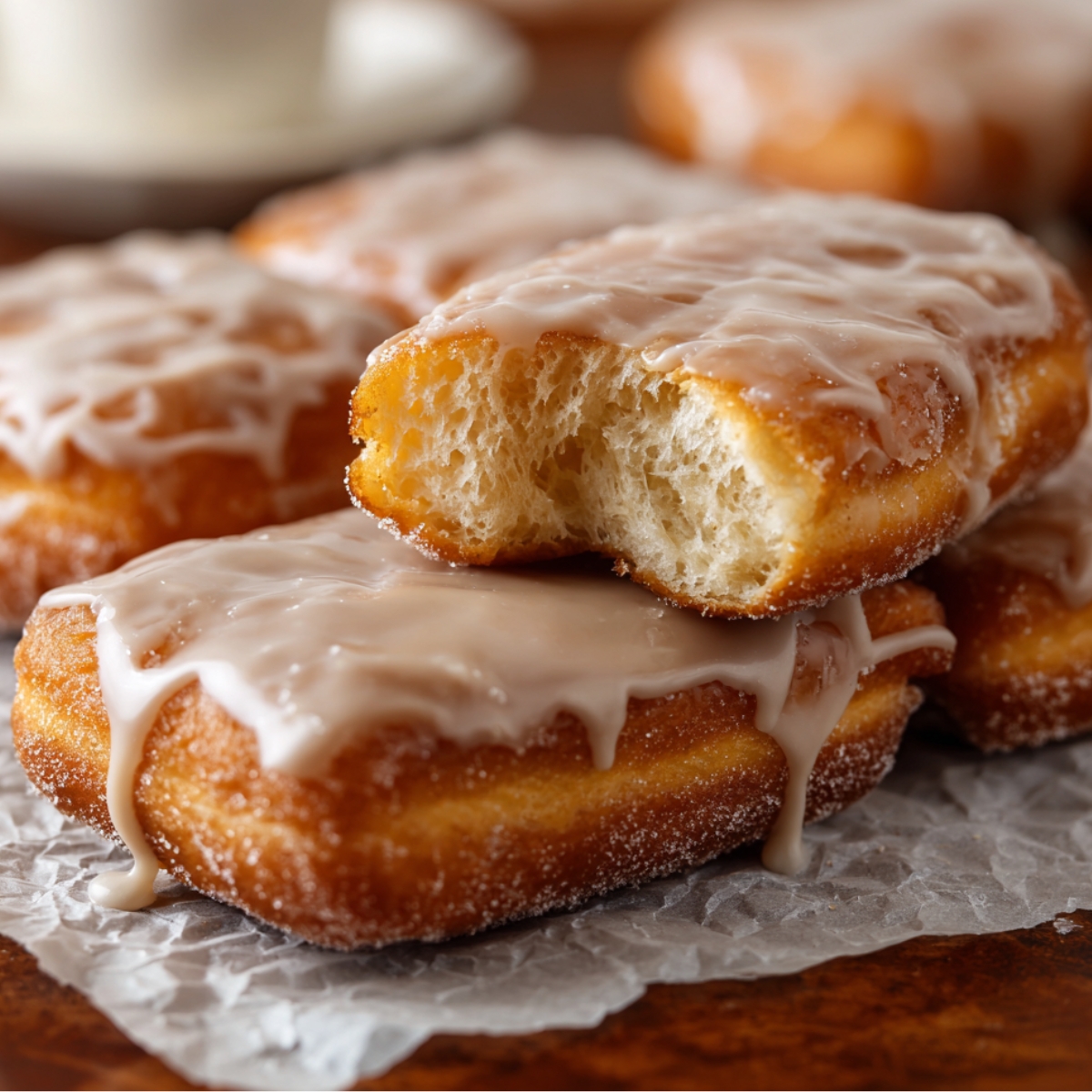 Homemade Maple Donut Bars stacked on crinkled parchment paper, with one showing a fluffy bite taken out.
