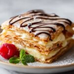 Homemade Mille Feuille pastry with layers of puff pastry, creamy filling, and drizzled chocolate icing, garnished with fresh raspberries and mint leaves.